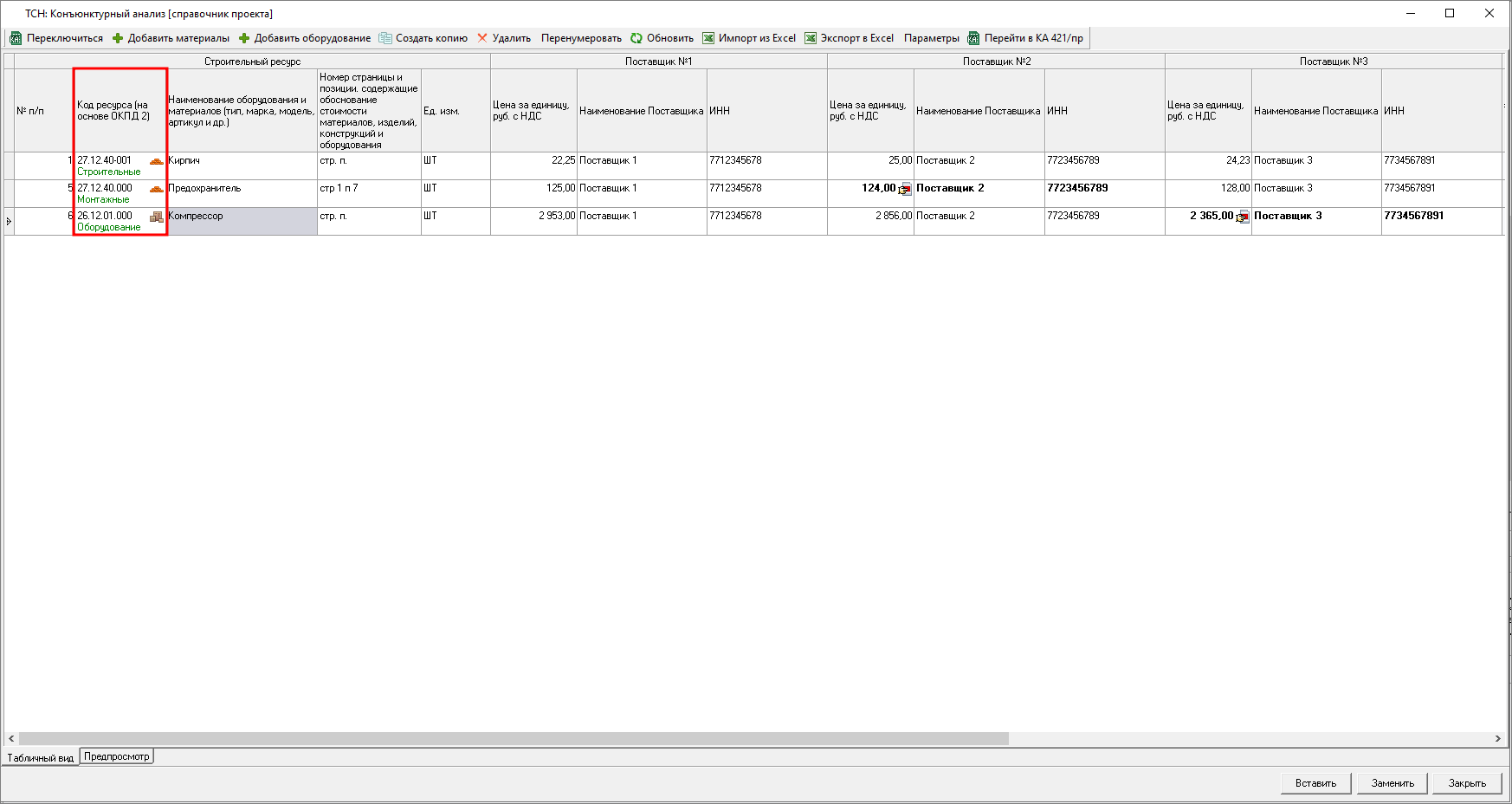индикация в колонке код ресурса