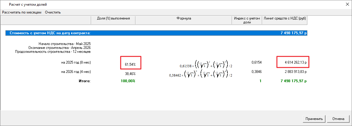 Smeta.RU  Окно расчета с учетом долей в открытом НМЦК