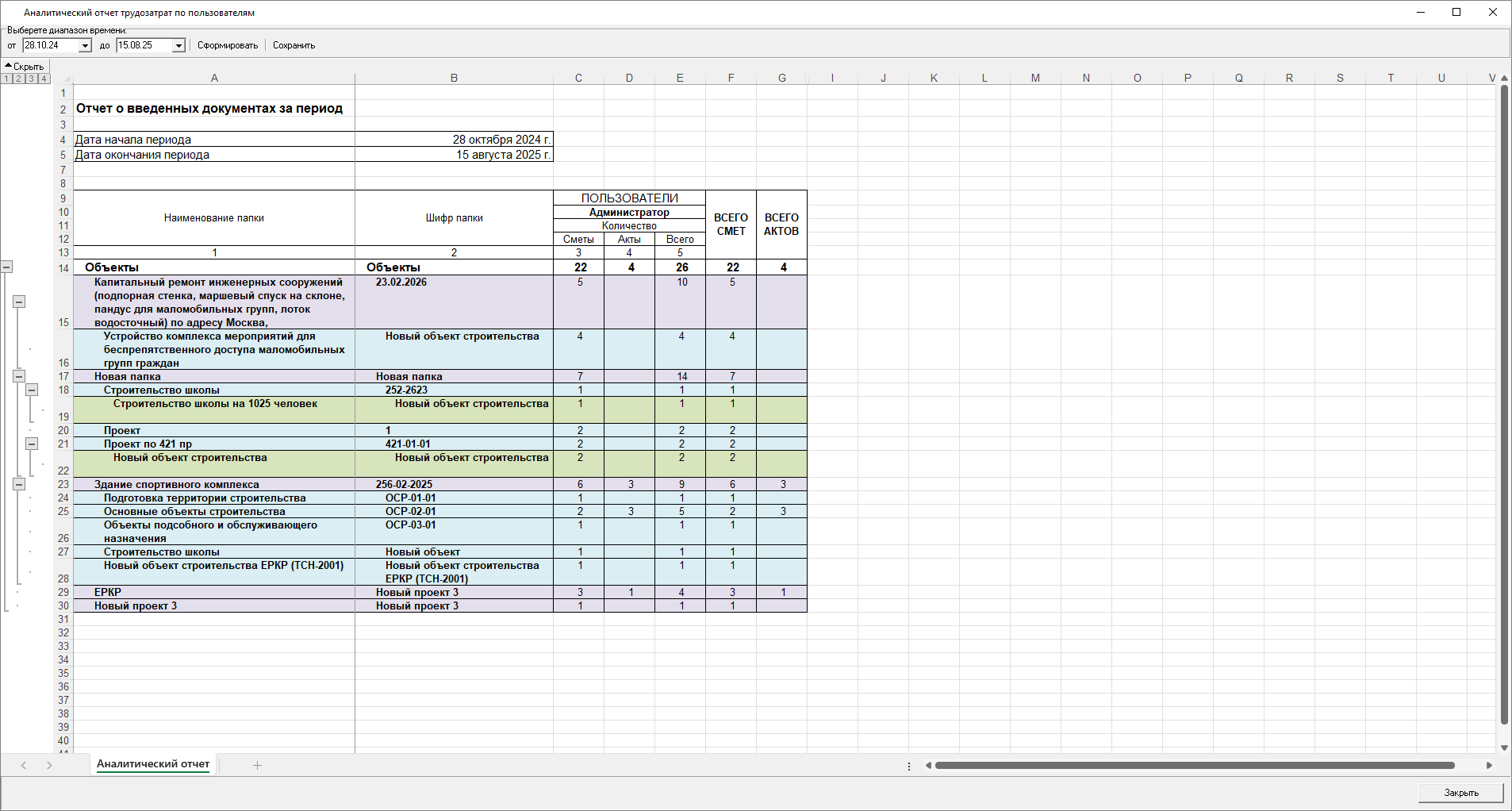 Smeta.RU Формирование отчета о введенных документах за период