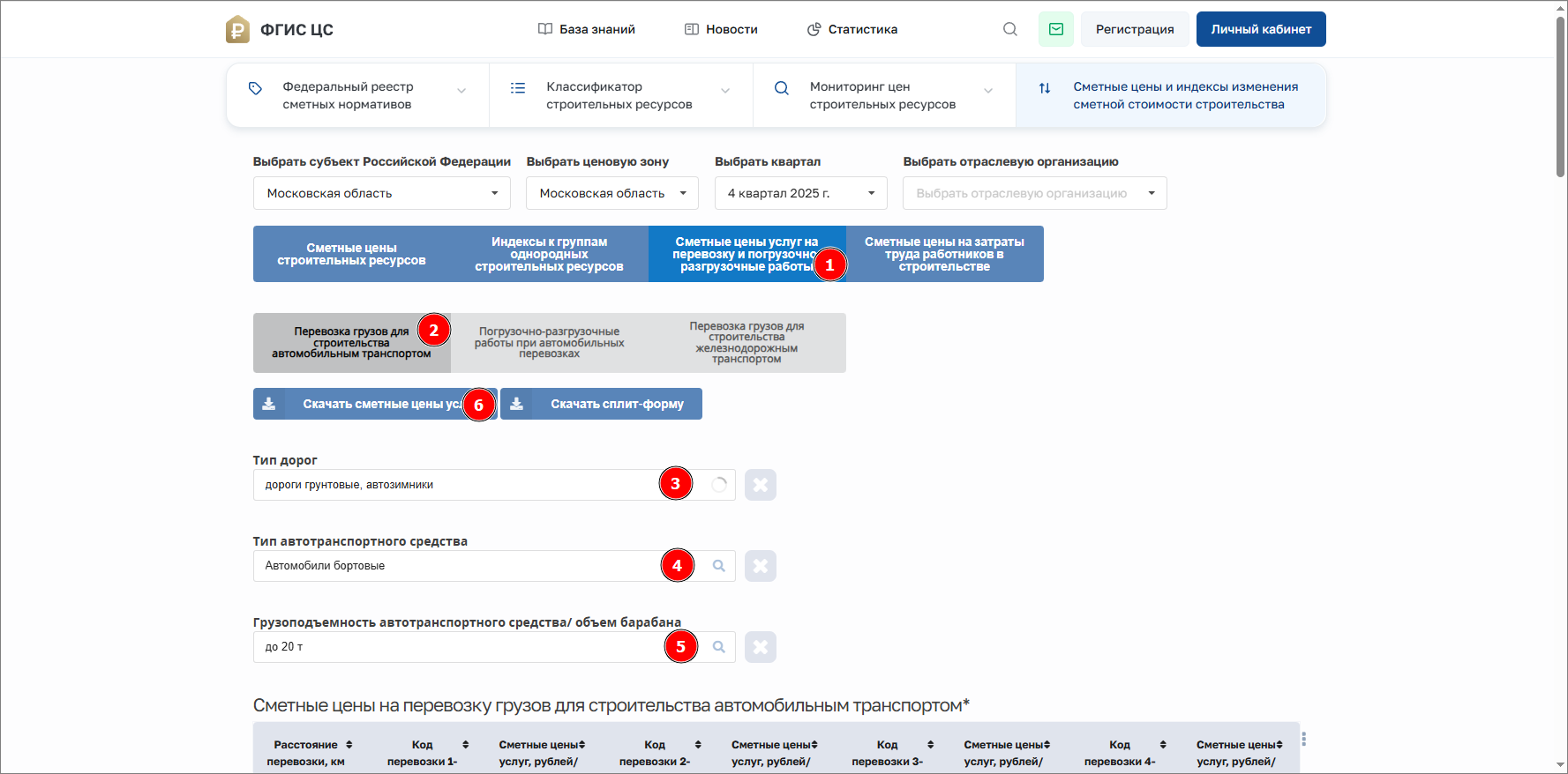 Smeta.RU ФГИС ЦС, Цены на перевозку грузов