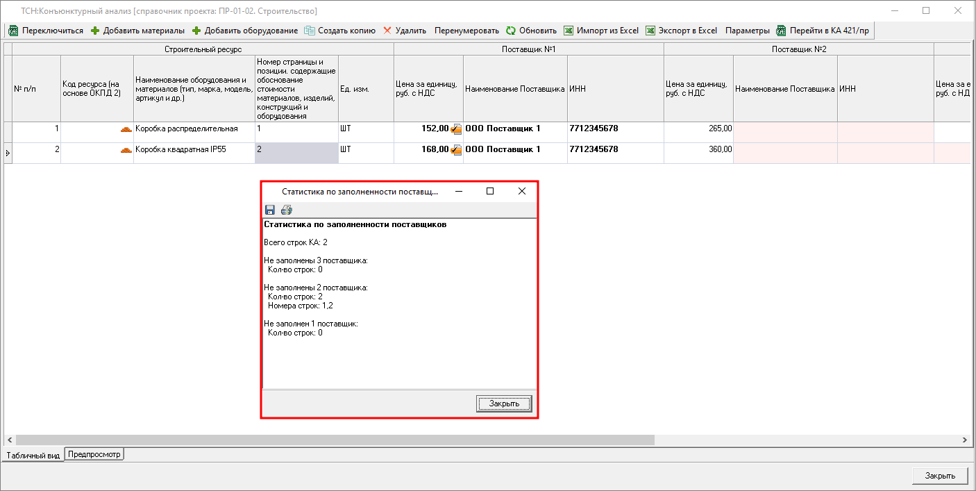Smeta.RU Статистика по заполненности поставщиков в строках справочника конъюнктурного анализа ТСН-2001