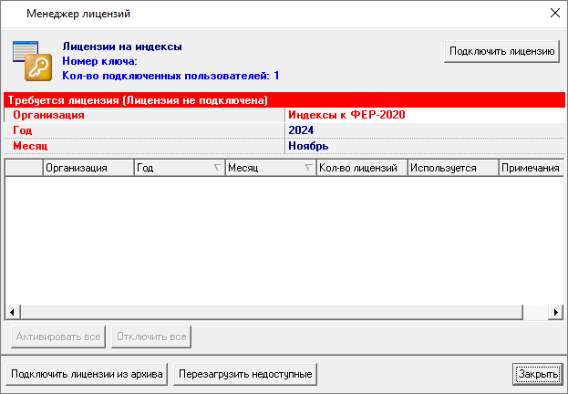 Smeta.RU Подключение лицензий на индексы